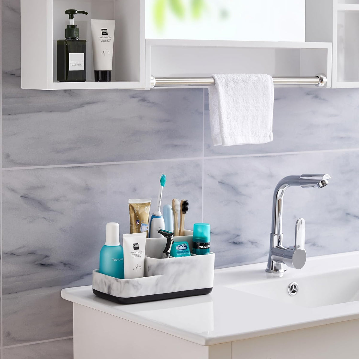 Toothbrush Holder and Multi-Functional Bathroom Organizer - Elegant White Marble Countertop Storage for Makeup, Skincare, and Accessories