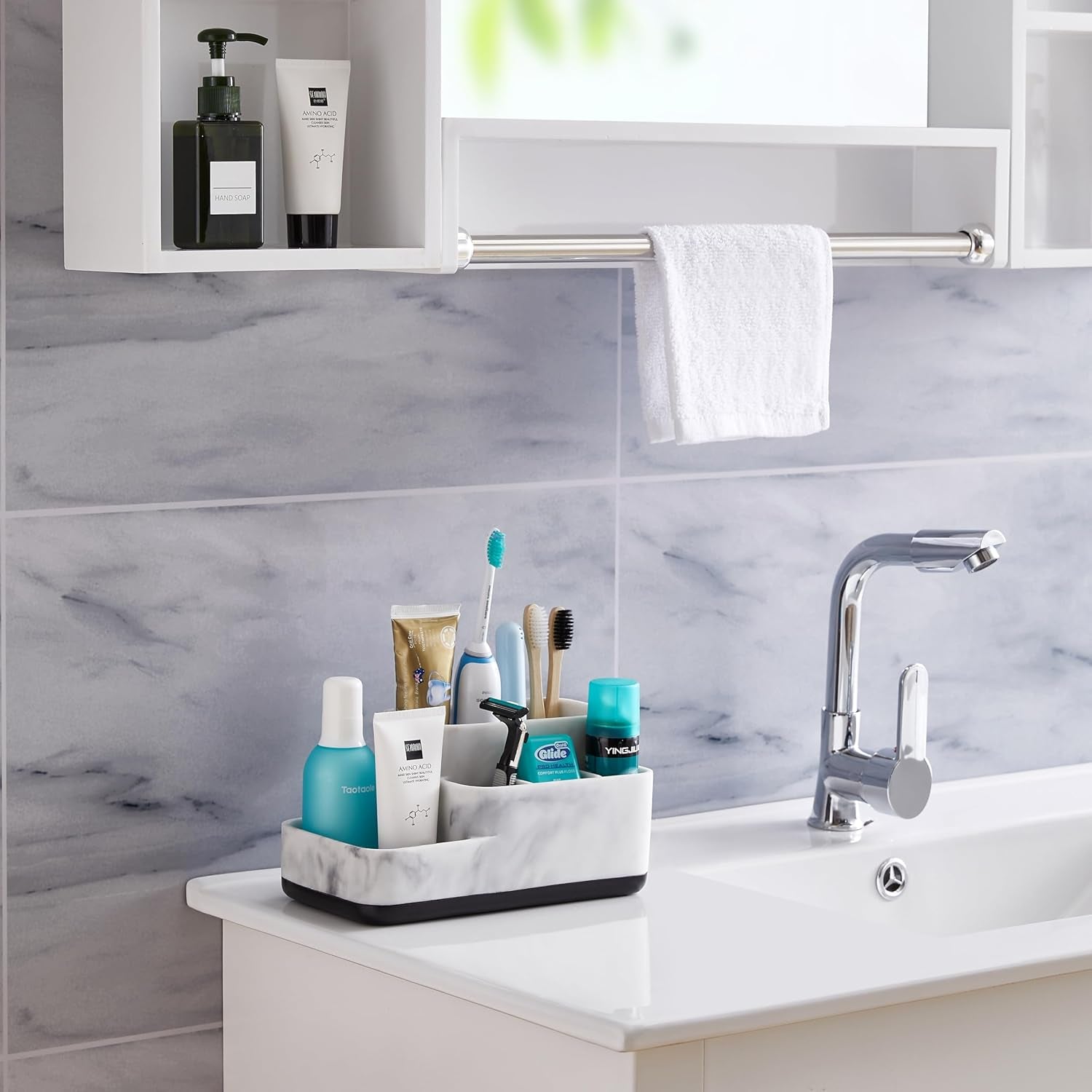 Toothbrush Holder and Multi-Functional Bathroom Organizer - Elegant White Marble Countertop Storage for Makeup, Skincare, and Accessories