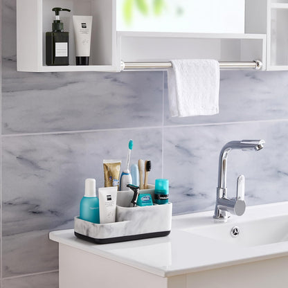 Toothbrush Holder and Multi-Functional Bathroom Organizer - Elegant White Marble Countertop Storage for Makeup, Skincare, and Accessories