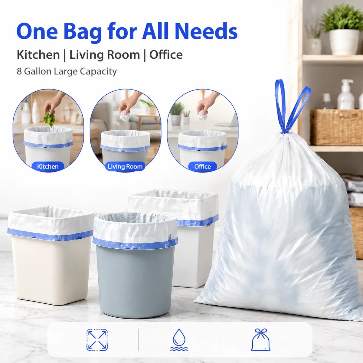 Medium 4-Gallon Drawstring Trash Bags, Durable Leak-Proof Polyethylene Garbage Bags for Home and Office, 50-Count Pack