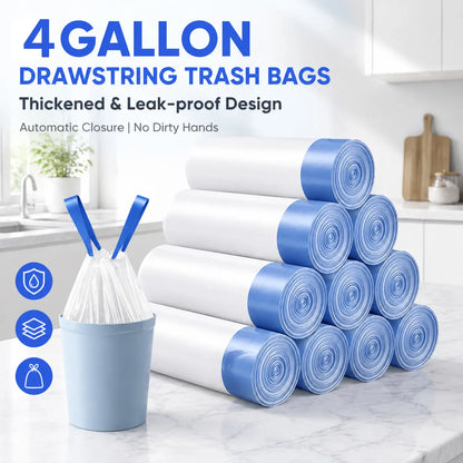 Medium 4-Gallon Drawstring Trash Bags, Durable Leak-Proof Polyethylene Garbage Bags for Home and Office, 50-Count Pack
