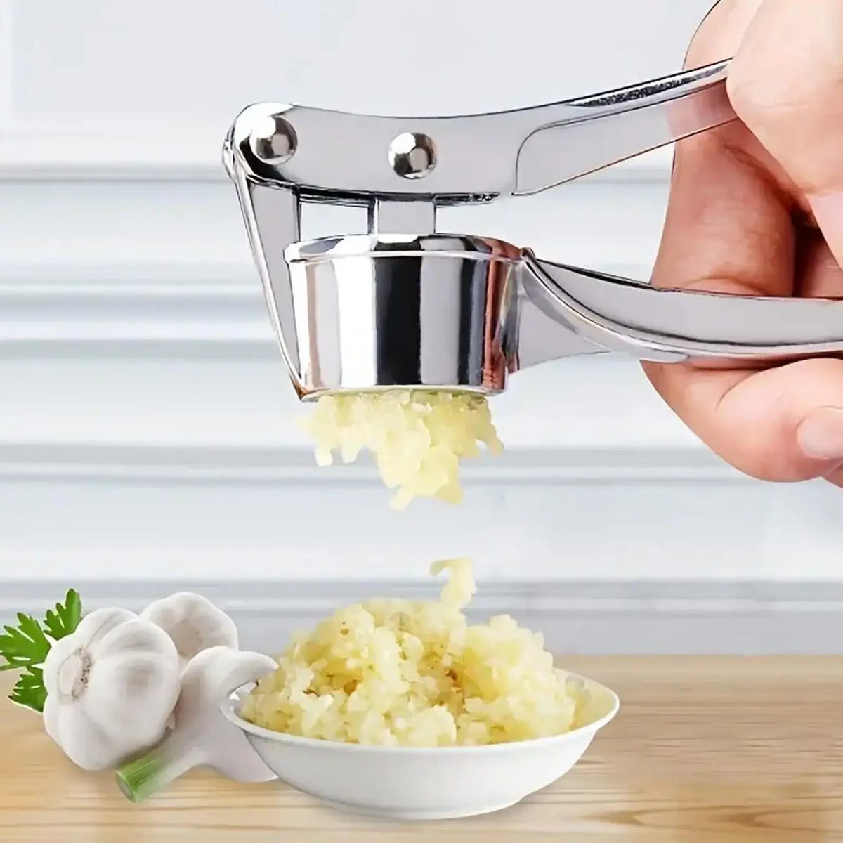5-in-1 Stainless Steel Garlic Press Multi-Tool - Durable Kitchen Utensil with Mincer, Crusher, Bottle Opener, and Pit Remover, Easy to Clean