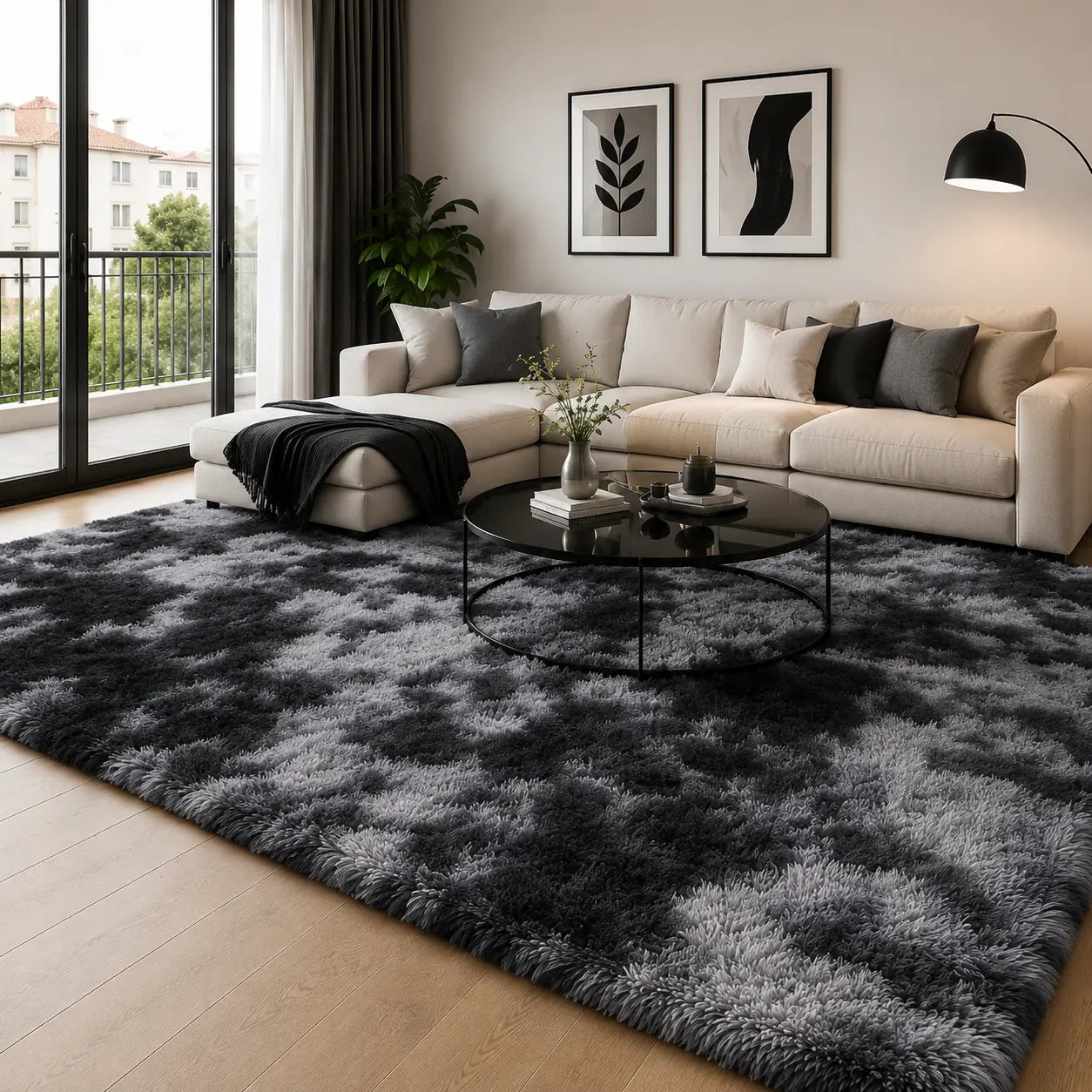 Tie-Dye Shaggy 8X10 Area Rug - Ultra Soft Plush Carpet, Machine Washable, Non-Slip, Ideal for Living Room, Bedroom, Gaming Room, and Apartment Decor in Dark Gray and Black