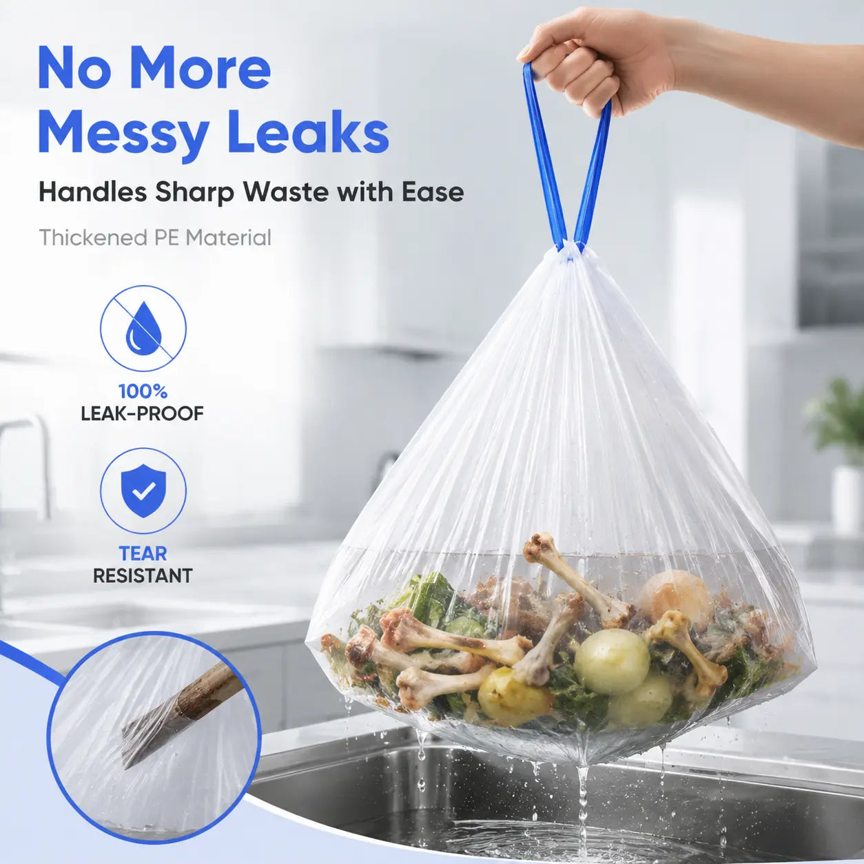 Medium 4-Gallon Drawstring Trash Bags, Durable Leak-Proof Polyethylene Garbage Bags for Home and Office, 50-Count Pack