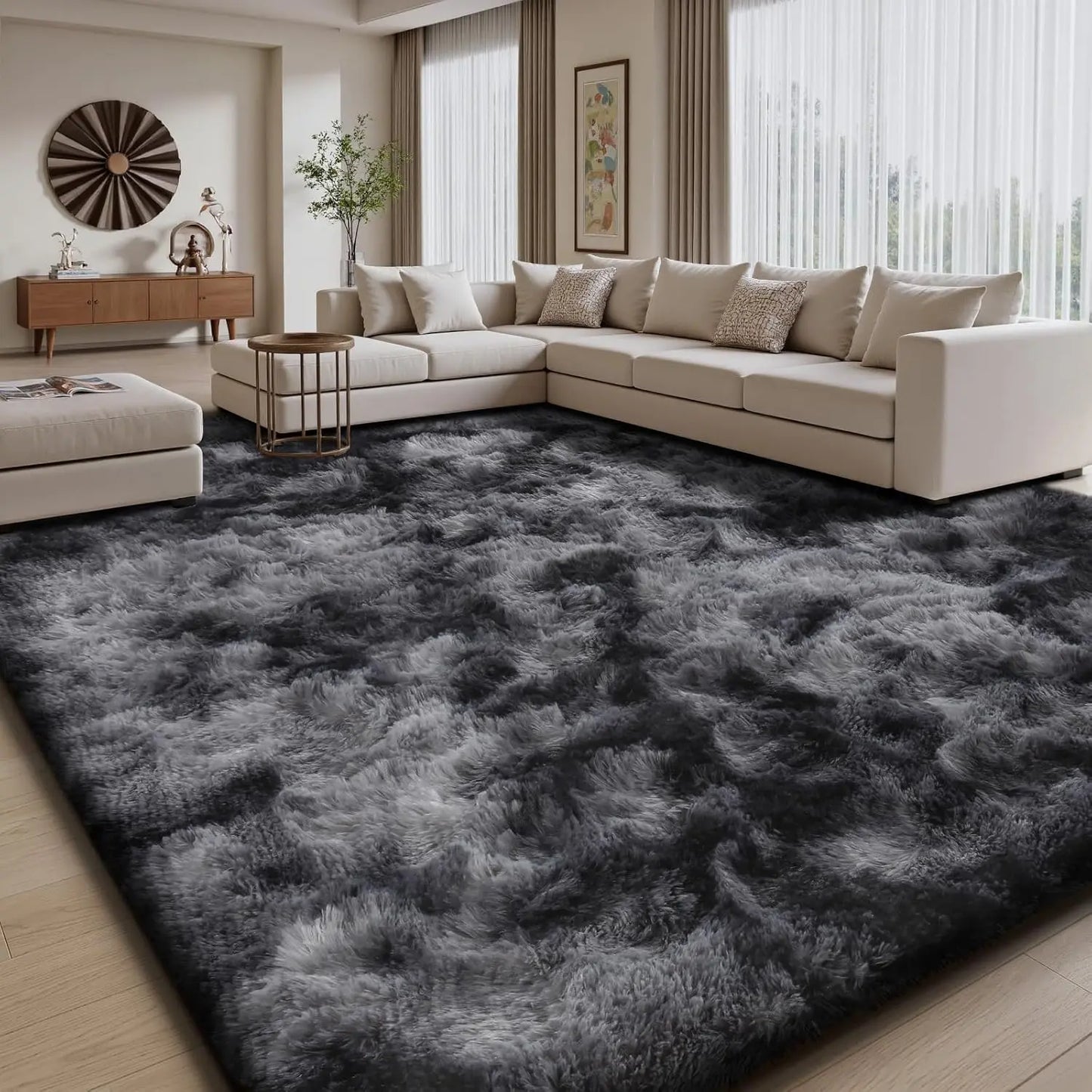 Tie-Dye Shaggy 8X10 Area Rug - Ultra Soft Plush Carpet, Machine Washable, Non-Slip, Ideal for Living Room, Bedroom, Gaming Room, and Apartment Decor in Dark Gray and Black