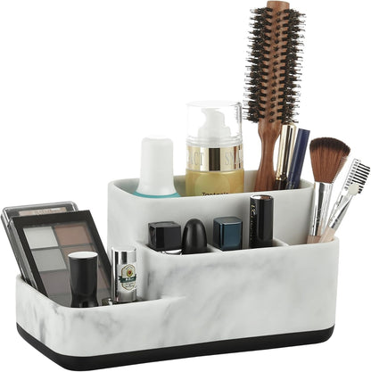 Toothbrush Holder and Multi-Functional Bathroom Organizer - Elegant White Marble Countertop Storage for Makeup, Skincare, and Accessories