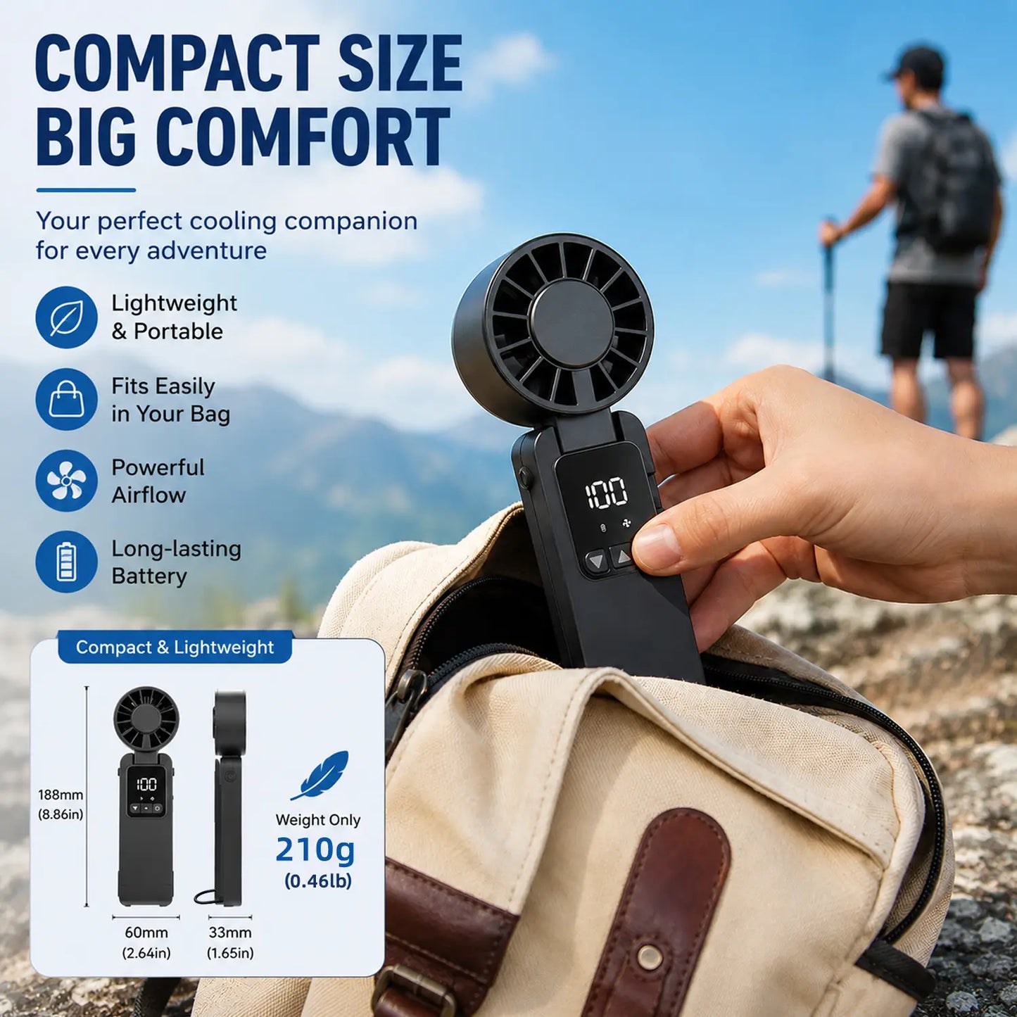 Kiruxna 3-in-1 Portable Handheld Fan - High-Speed Foldable Compact Lightweight Mini Fan with 199 Speeds and 6000mAh Rechargeable Battery for Summer Travel and Outdoor Use