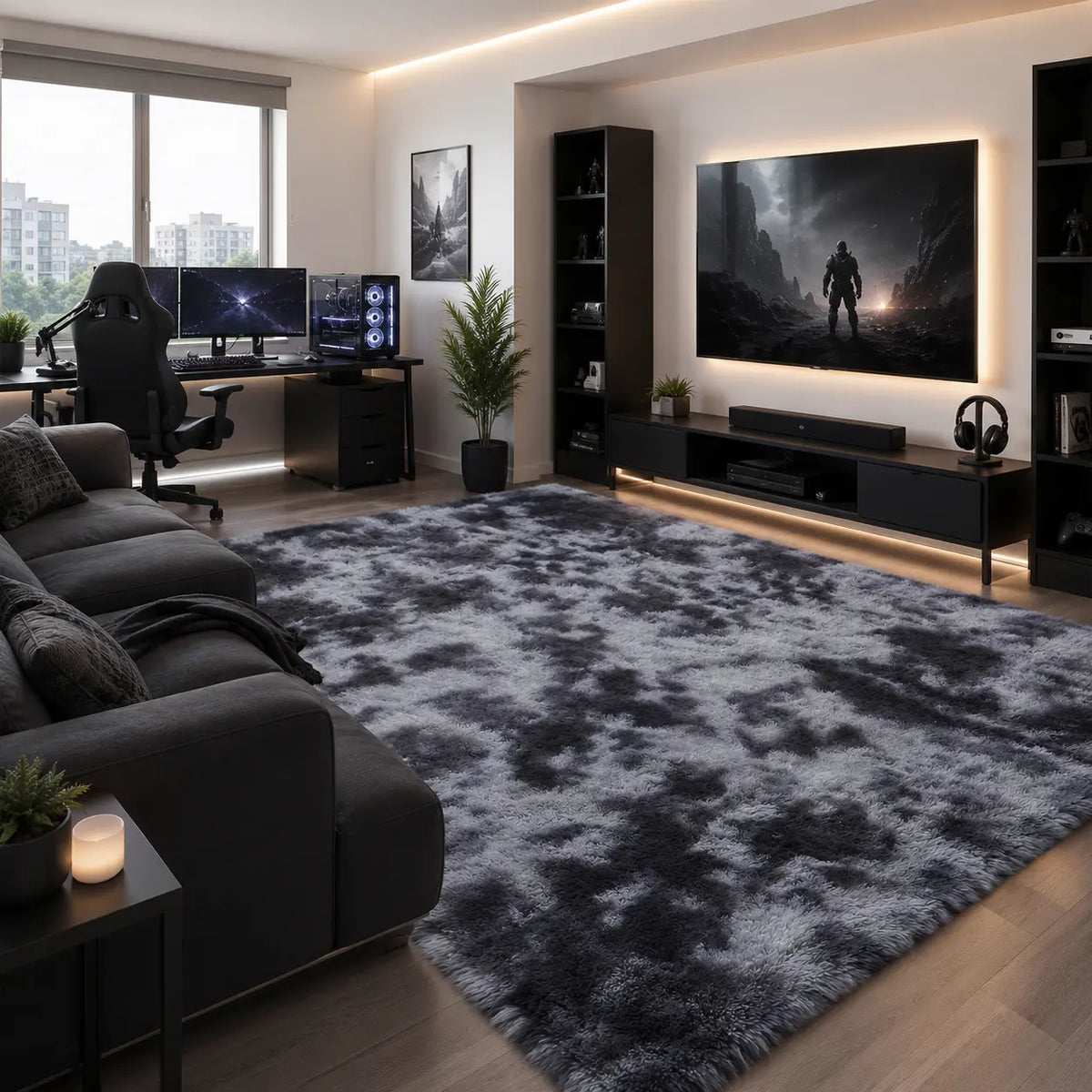 Tie-Dye Shaggy 8X10 Area Rug - Ultra Soft Plush Carpet, Machine Washable, Non-Slip, Ideal for Living Room, Bedroom, Gaming Room, and Apartment Decor in Dark Gray and Black