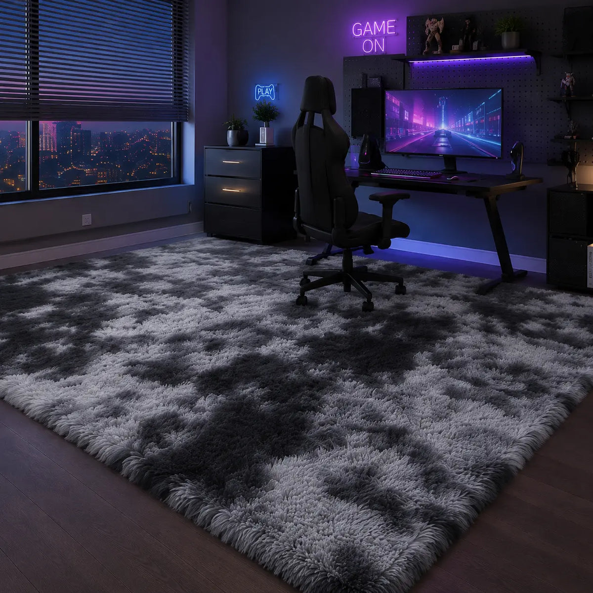 Tie-Dye Shaggy 8X10 Area Rug - Ultra Soft Plush Carpet, Machine Washable, Non-Slip, Ideal for Living Room, Bedroom, Gaming Room, and Apartment Decor in Dark Gray and Black