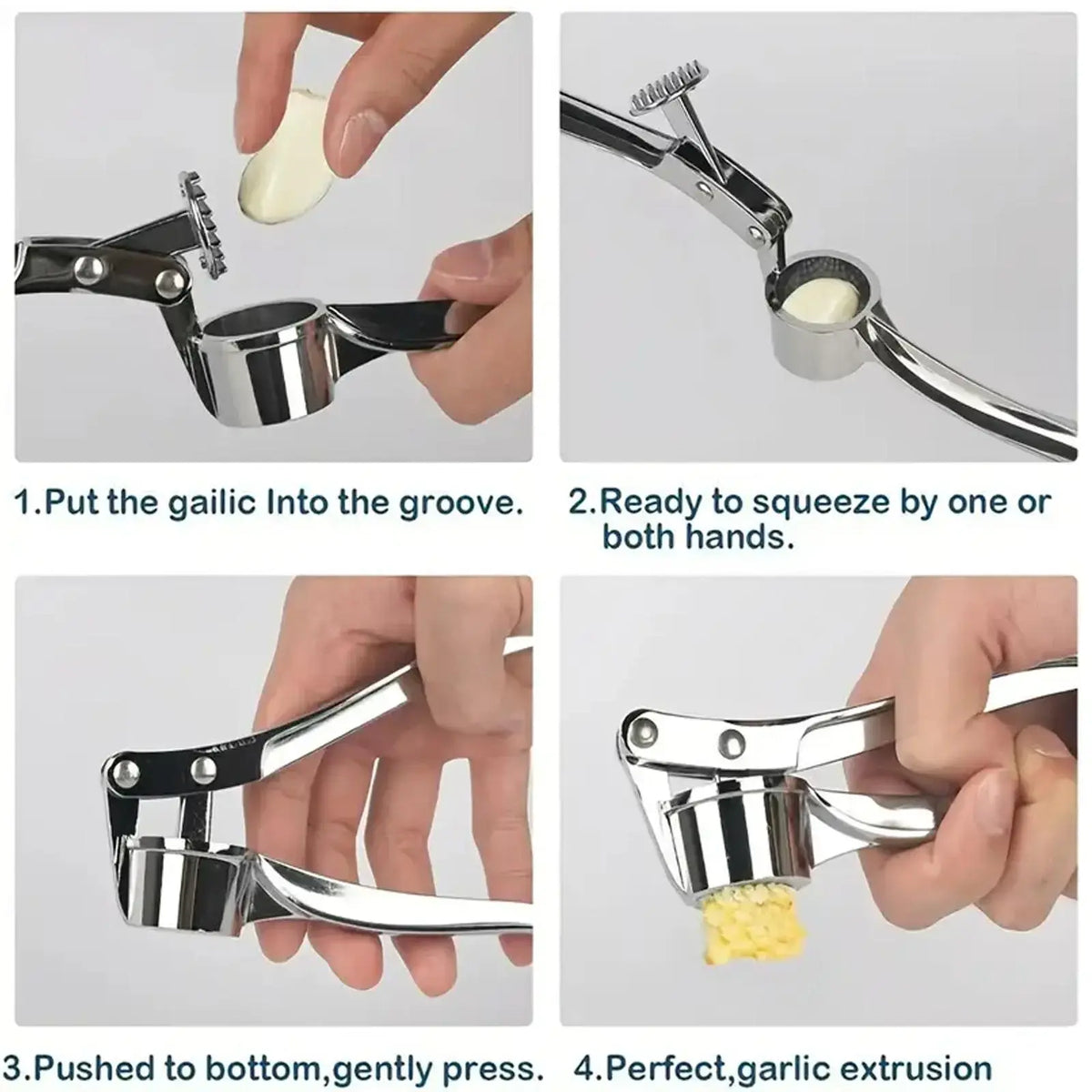 5-in-1 Stainless Steel Garlic Press Multi-Tool - Durable Kitchen Utensil with Mincer, Crusher, Bottle Opener, and Pit Remover, Easy to Clean