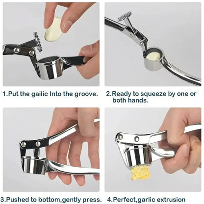 5-in-1 Stainless Steel Garlic Press Multi-Tool - Durable Kitchen Utensil with Mincer, Crusher, Bottle Opener, and Pit Remover, Easy to Clean