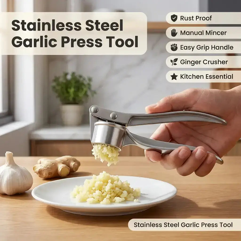 5-in-1 Stainless Steel Garlic Press Multi-Tool - Durable Kitchen Utensil with Mincer, Crusher, Bottle Opener, and Pit Remover, Easy to Clean