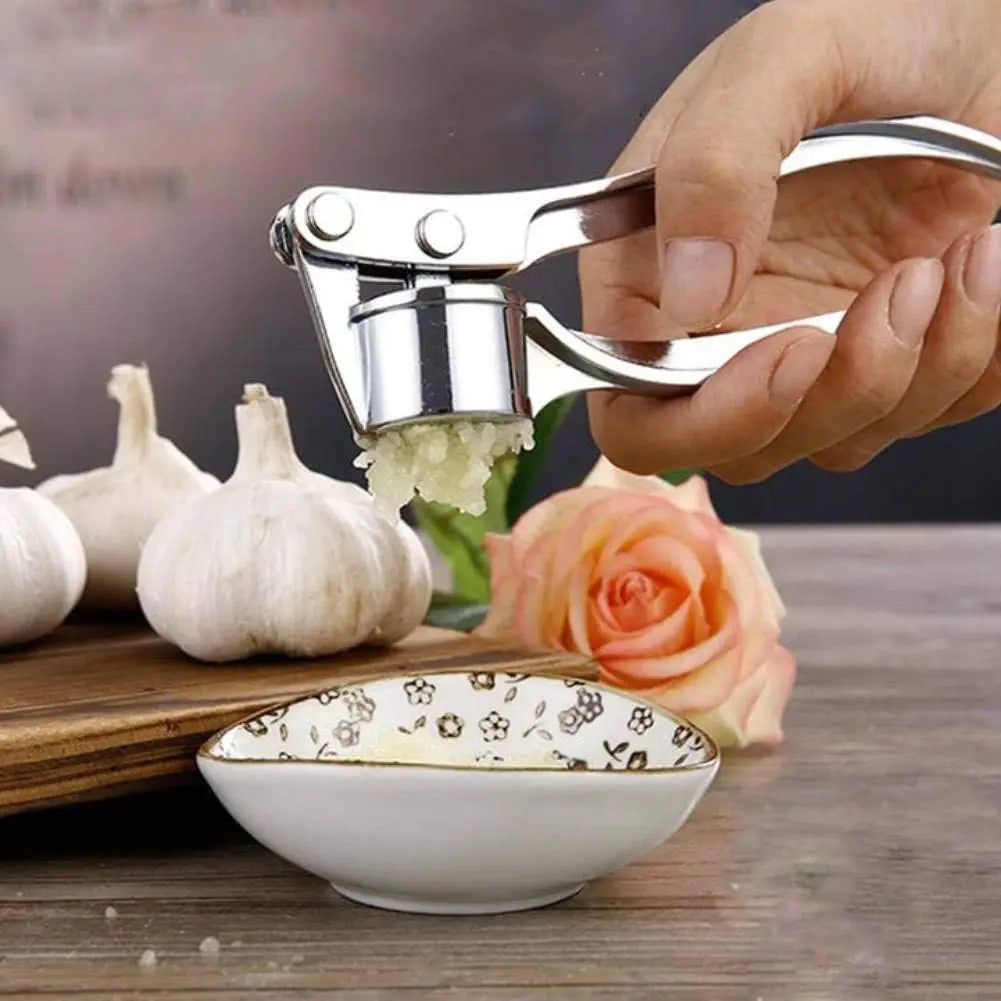 5-in-1 Stainless Steel Garlic Press Multi-Tool - Durable Kitchen Utensil with Mincer, Crusher, Bottle Opener, and Pit Remover, Easy to Clean