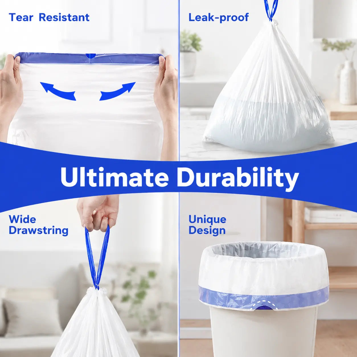 Medium 4-Gallon Drawstring Trash Bags, Durable Leak-Proof Polyethylene Garbage Bags for Home and Office, 50-Count Pack