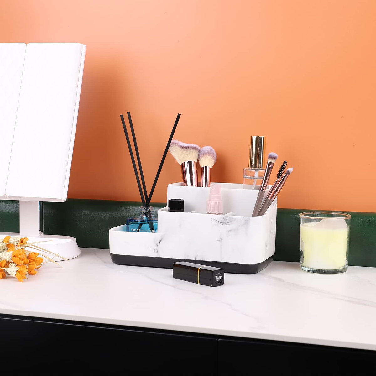 Toothbrush Holder and Multi-Functional Bathroom Organizer - Elegant White Marble Countertop Storage for Makeup, Skincare, and Accessories