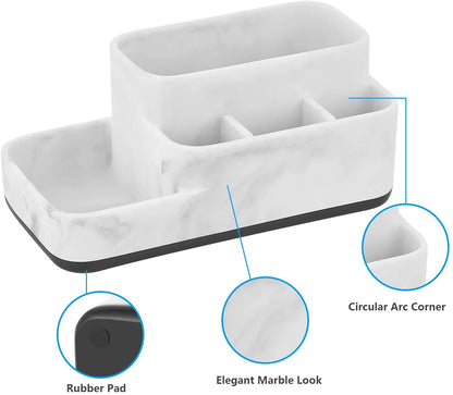 Toothbrush Holder and Multi-Functional Bathroom Organizer - Elegant White Marble Countertop Storage for Makeup, Skincare, and Accessories