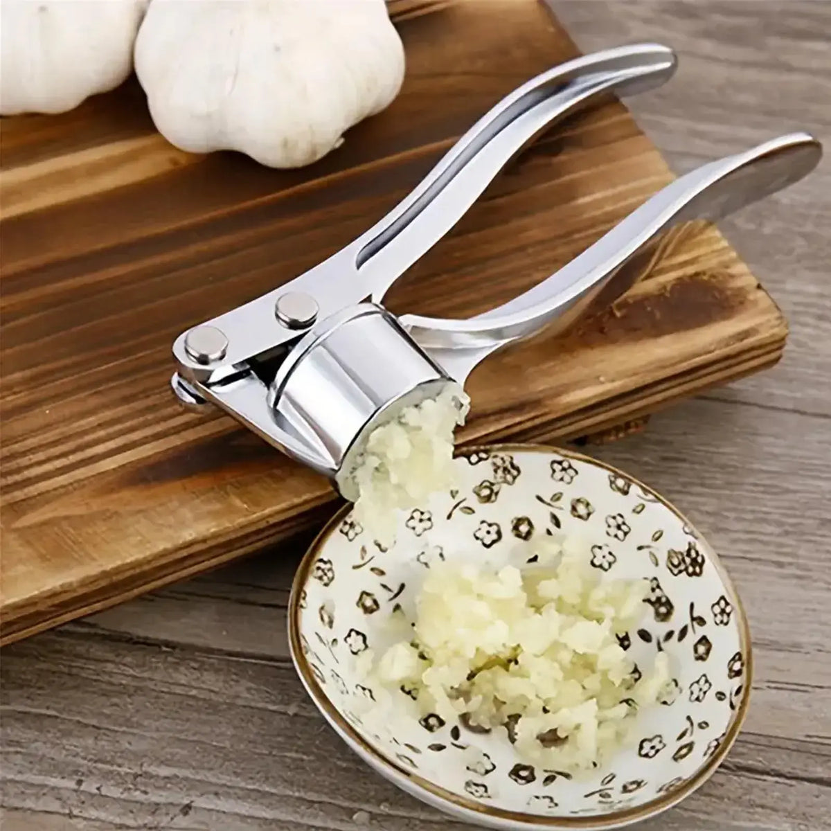 5-in-1 Stainless Steel Garlic Press Multi-Tool - Durable Kitchen Utensil with Mincer, Crusher, Bottle Opener, and Pit Remover, Easy to Clean