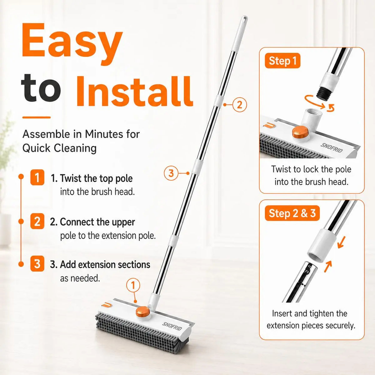 Snofrid 3-In-1 Heavy Duty Stiff Bristle Floor Scrub Brush - 54-In Adjustable Handle Eases Back Strain, Multipurpose Cleaning Tool with Scraper, Interior Cleaning Brush Brooms for Bathroom, Patio, Cleaning Supplies (Orange&White), 360° Deep Clean