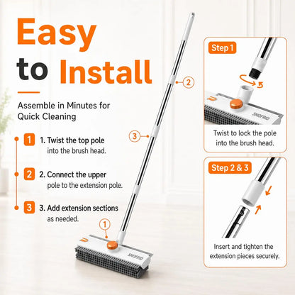 Snofrid 3-In-1 Heavy Duty Stiff Bristle Floor Scrub Brush - 54-In Adjustable Handle Eases Back Strain, Multipurpose Cleaning Tool with Scraper, Interior Cleaning Brush Brooms for Bathroom, Patio, Cleaning Supplies (Orange&White), 360° Deep Clean
